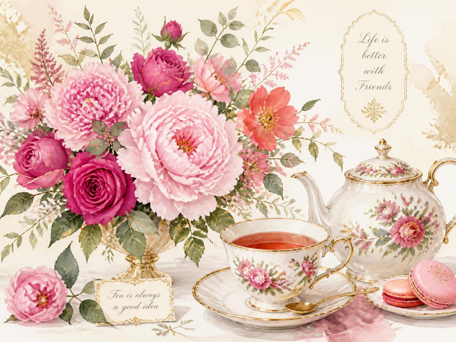 Arranjo floral em aquarela com bule e xícara de chá de porcelana